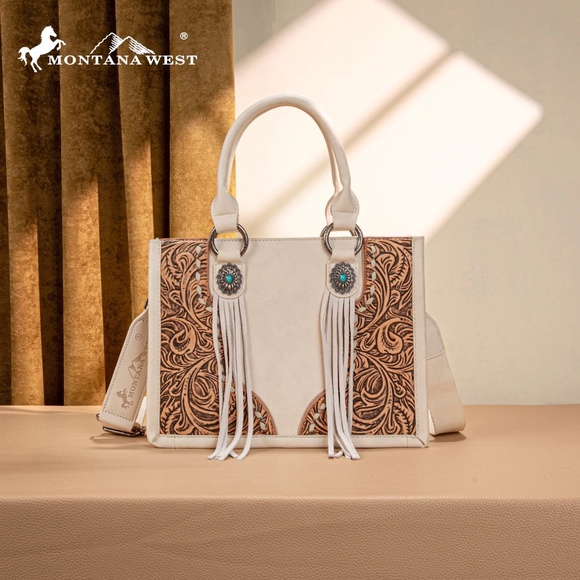 Montana West Handbags - Montana West Tooled Concho Tote/Crossbody -Beige